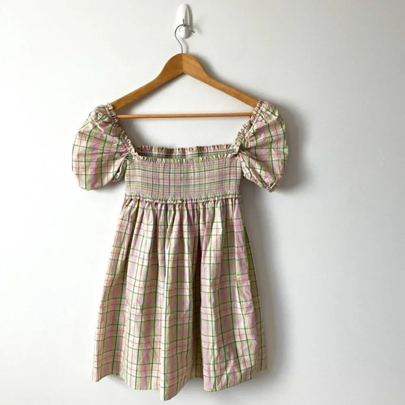 Aritzia Sunday Best Sun Deh Hadley Babydoll Poplin Mini Dress Plaid Lola Lime XS - Picture 6 of 8
